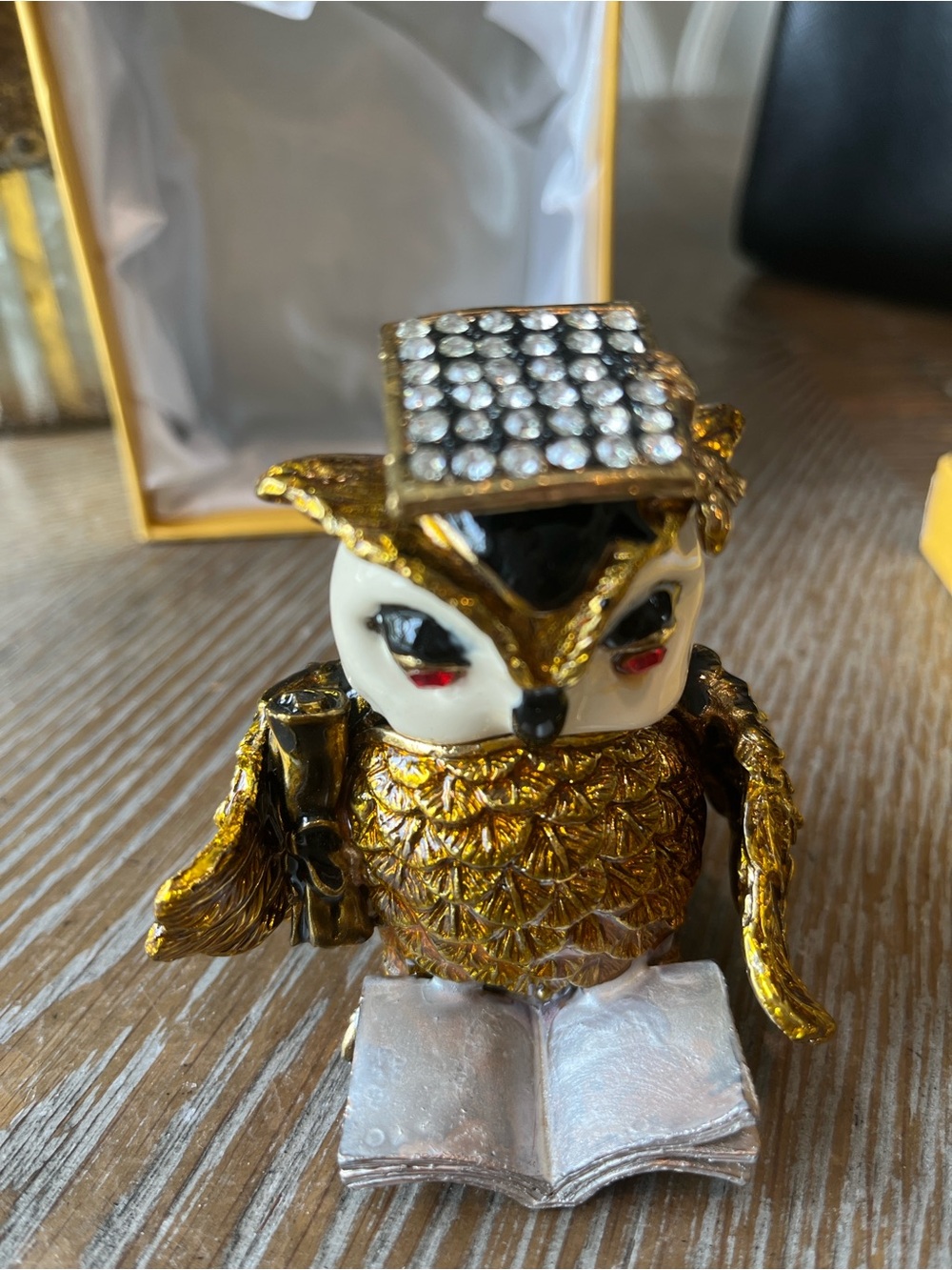 New in box Gold Owl Figurine with Rhinestone Graduation Cap.